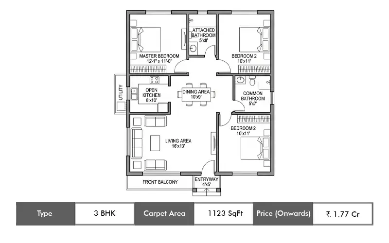 LJB One Park Place 3 BHK floor plan, 1123 sq ft carpet area