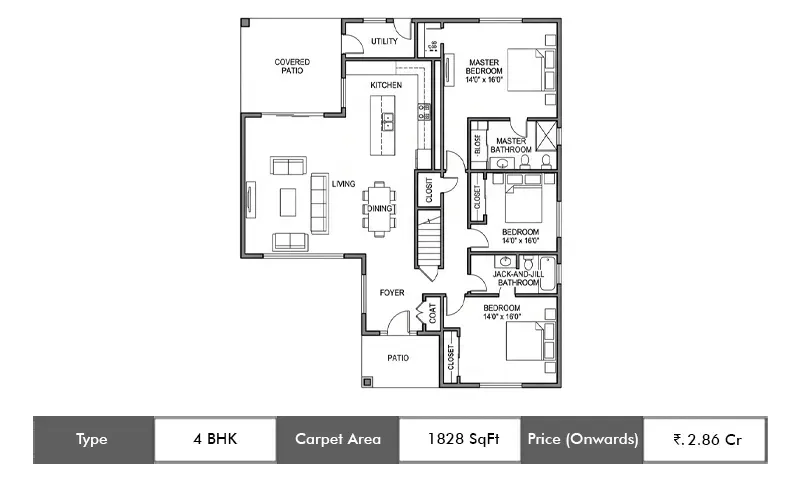 LJB One Park Place 4 BHK floor plan, 1828 sq ft carpet area