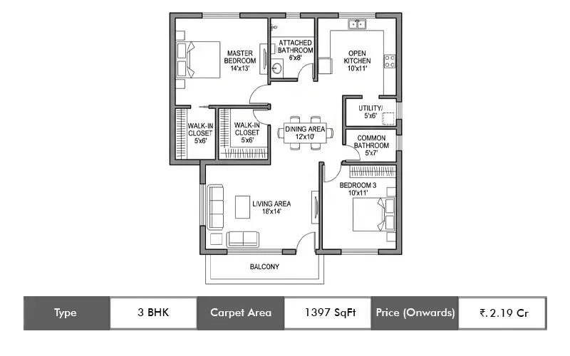 LJB One Park Place 3 BHK floor plan, 1397 sq ft carpet area