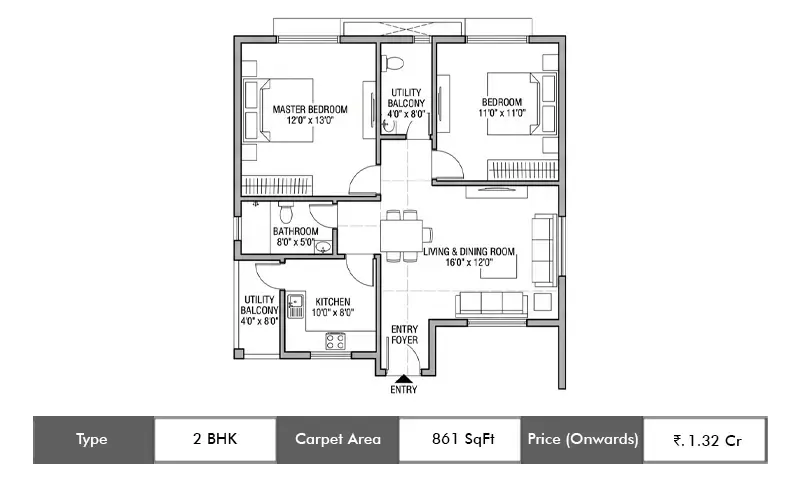 LJB One Park Place 2 BHK floor plan, 861 sq ft carpet area